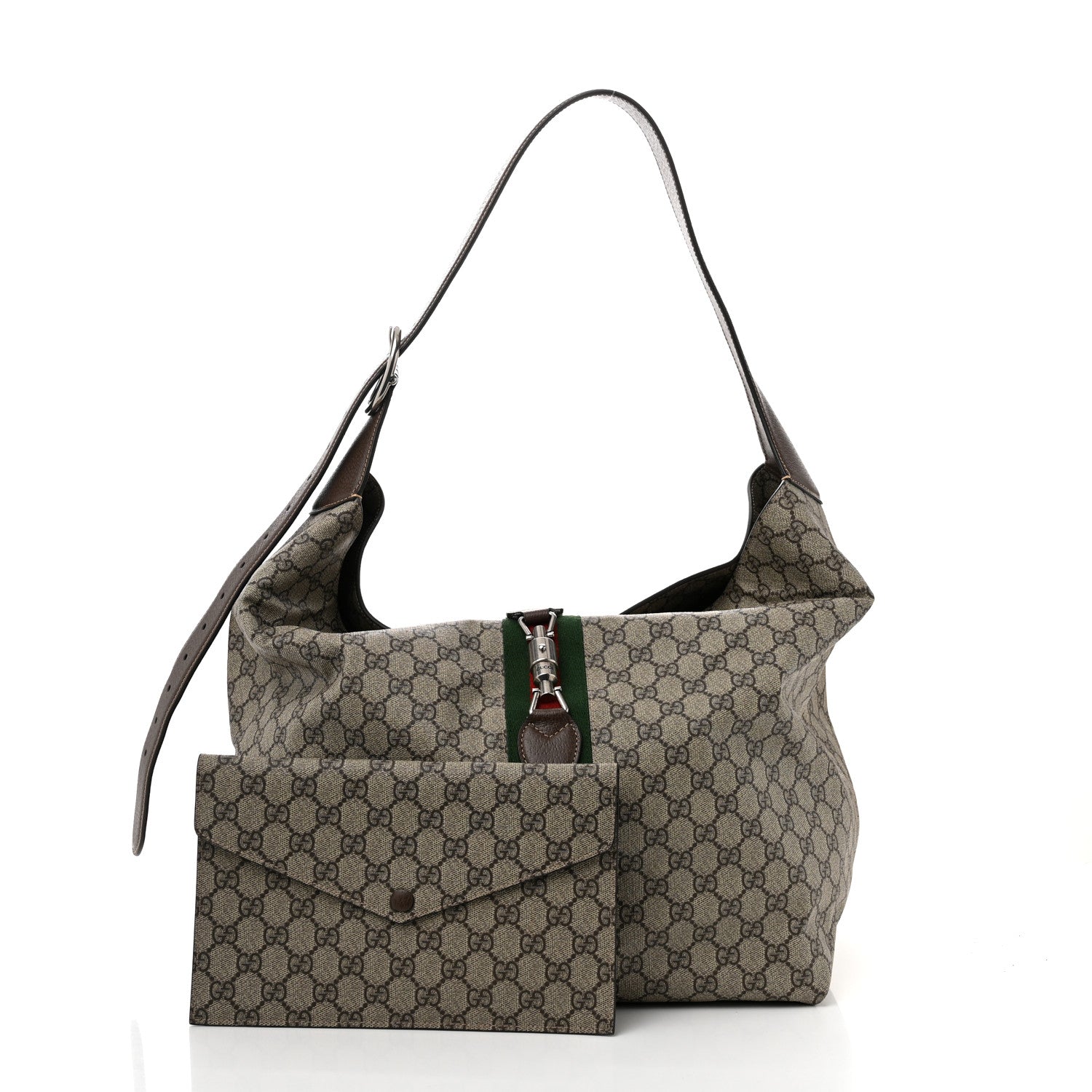 Gucci Tender GG Supreme Monogram Textured Dollar Calfskin Web Medium Jackie 1961 Crossbody Bag Beige Ebony New Acero 3 of 10