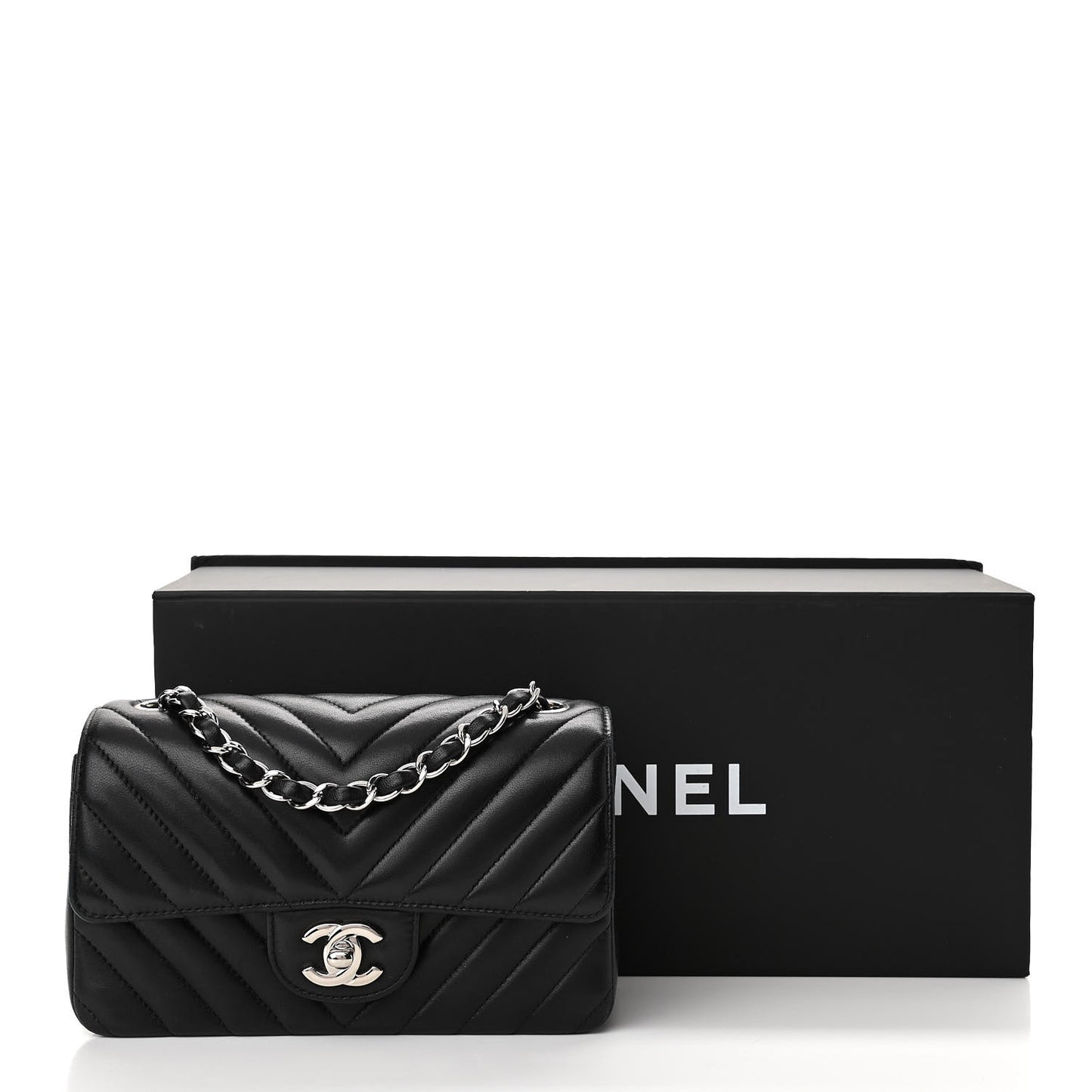 Lambskin Chevron Quilted Mini Rectangular Flap Black
