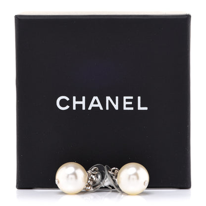 Chanel Crystal Pearl CC Drop Earrings Silver Pearly White 5 of 5