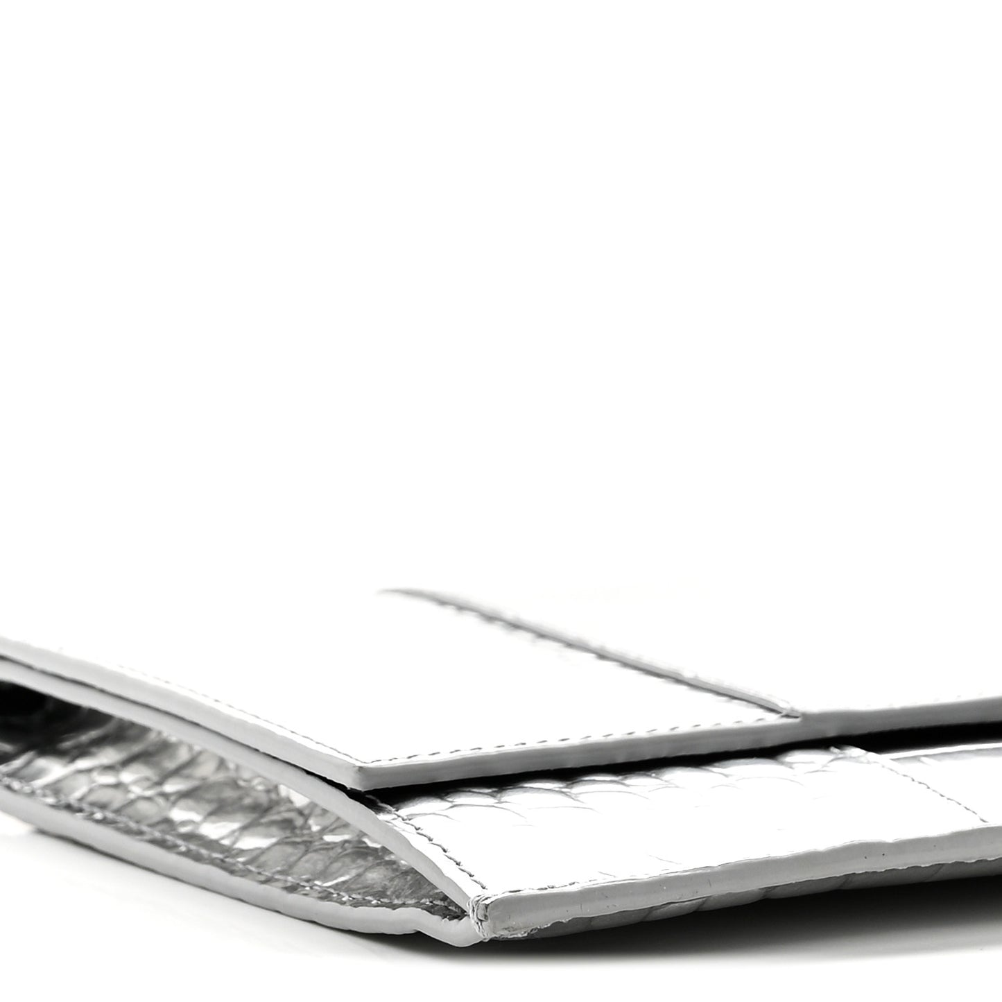 Metallic Calfskin Crocodile Embossed Hourglass Flap Flat Pouch Silver