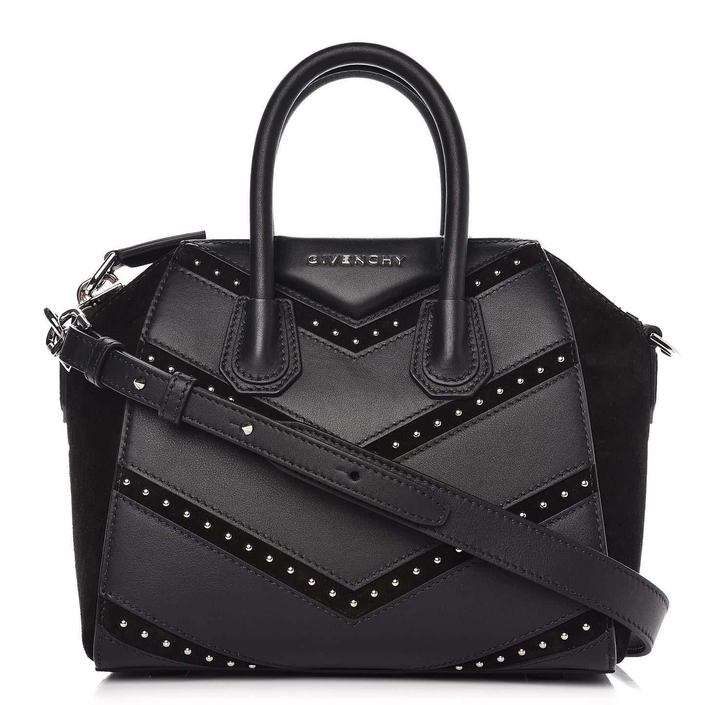 Calfskin Suede Mini Studded Chevron Antigona Black