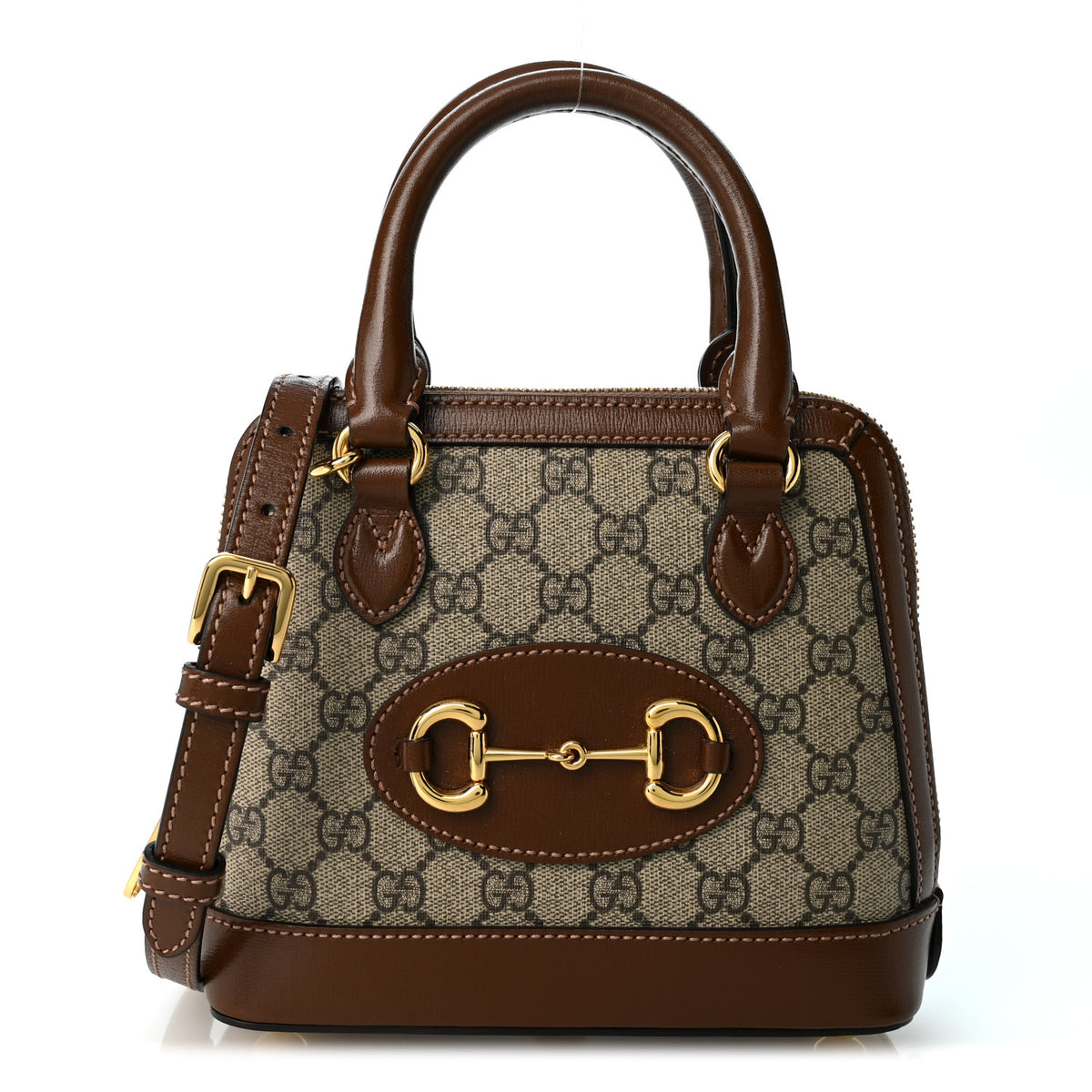 Gucci GG Supreme Monogram Azalea Calfskin Mini Horsebit 1955 Top Handle Bag Beige Ebony Brown Sugar 1 of 10