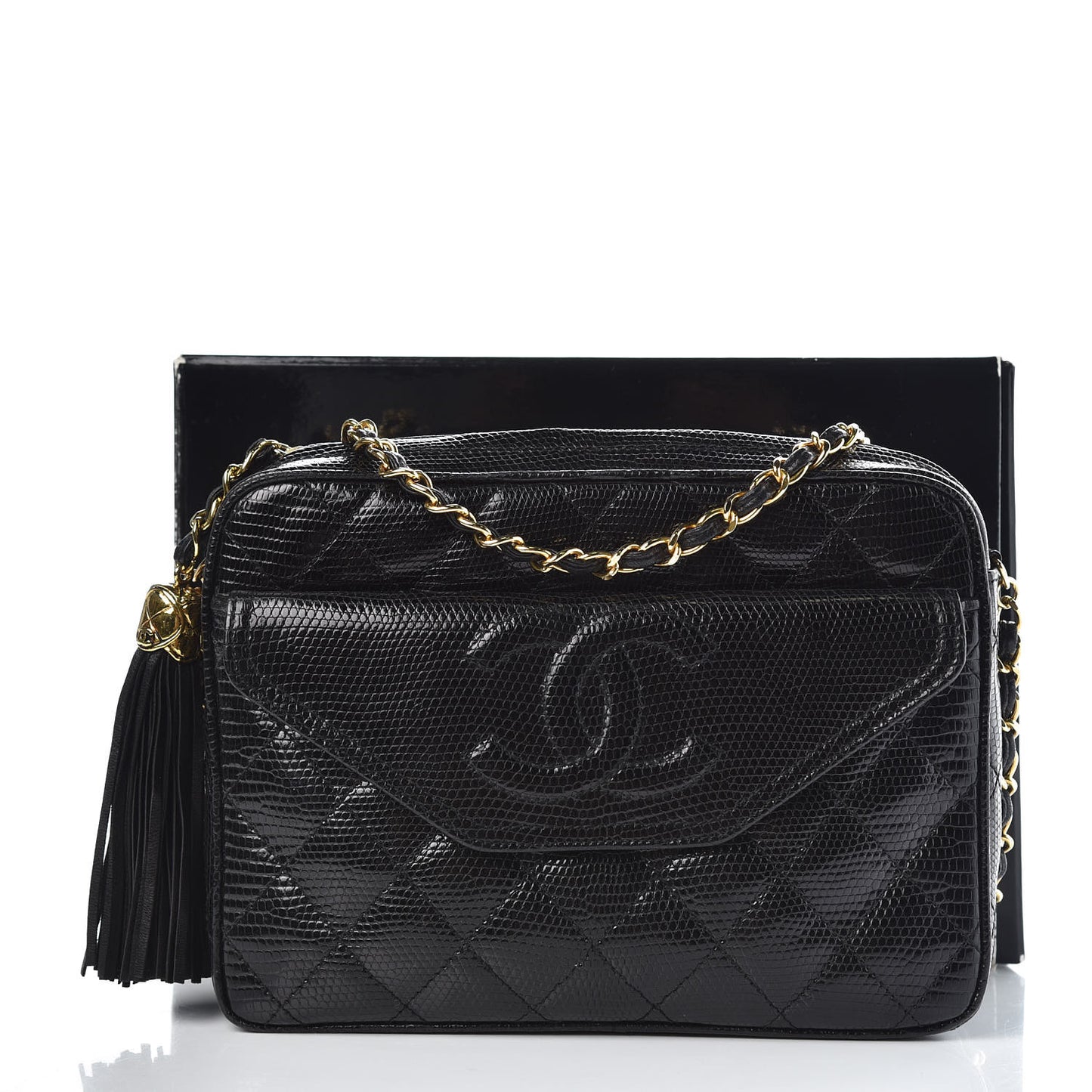 Lizard Quilted Small Tassel Camera Case Black