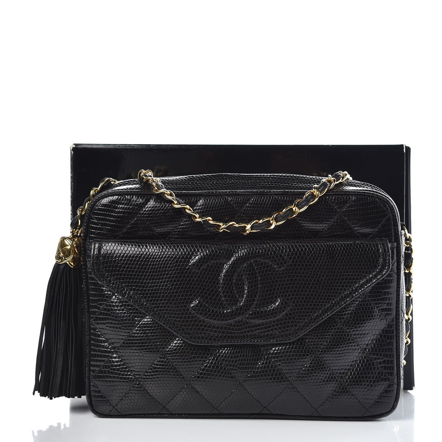 Chanel Lizard Quilted Small Tassel Camera Case Black 8 of 8