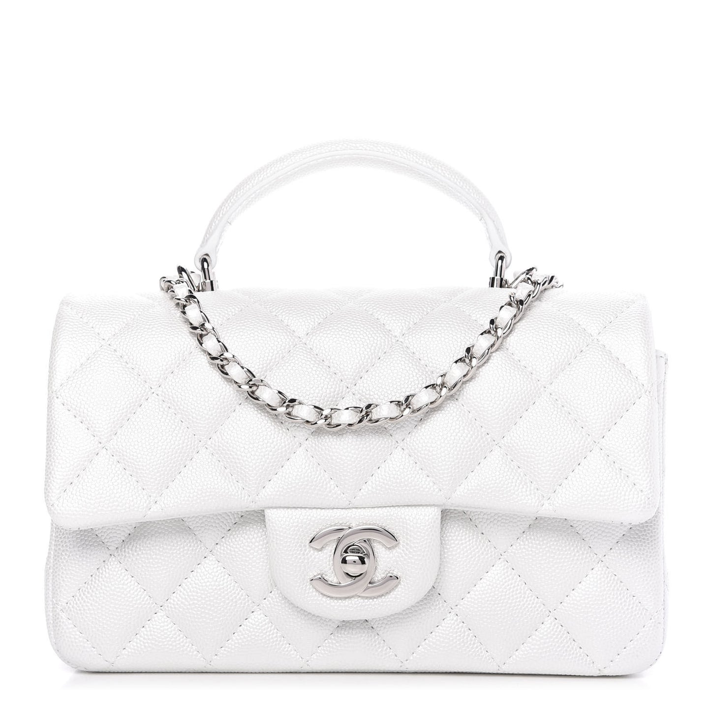 Iridescent Caviar Quilted Mini Top Handle Rectangular Flap White