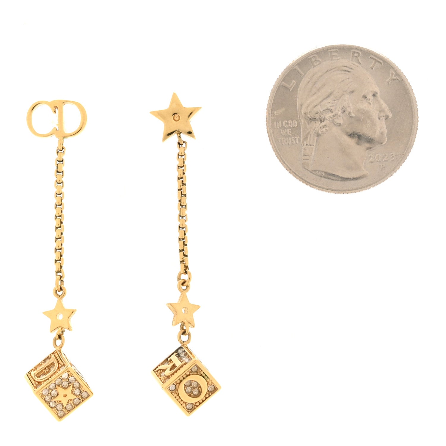 Christian Dior Metal Crystal Lucky Square Drop Earrings Gold 2 of 3