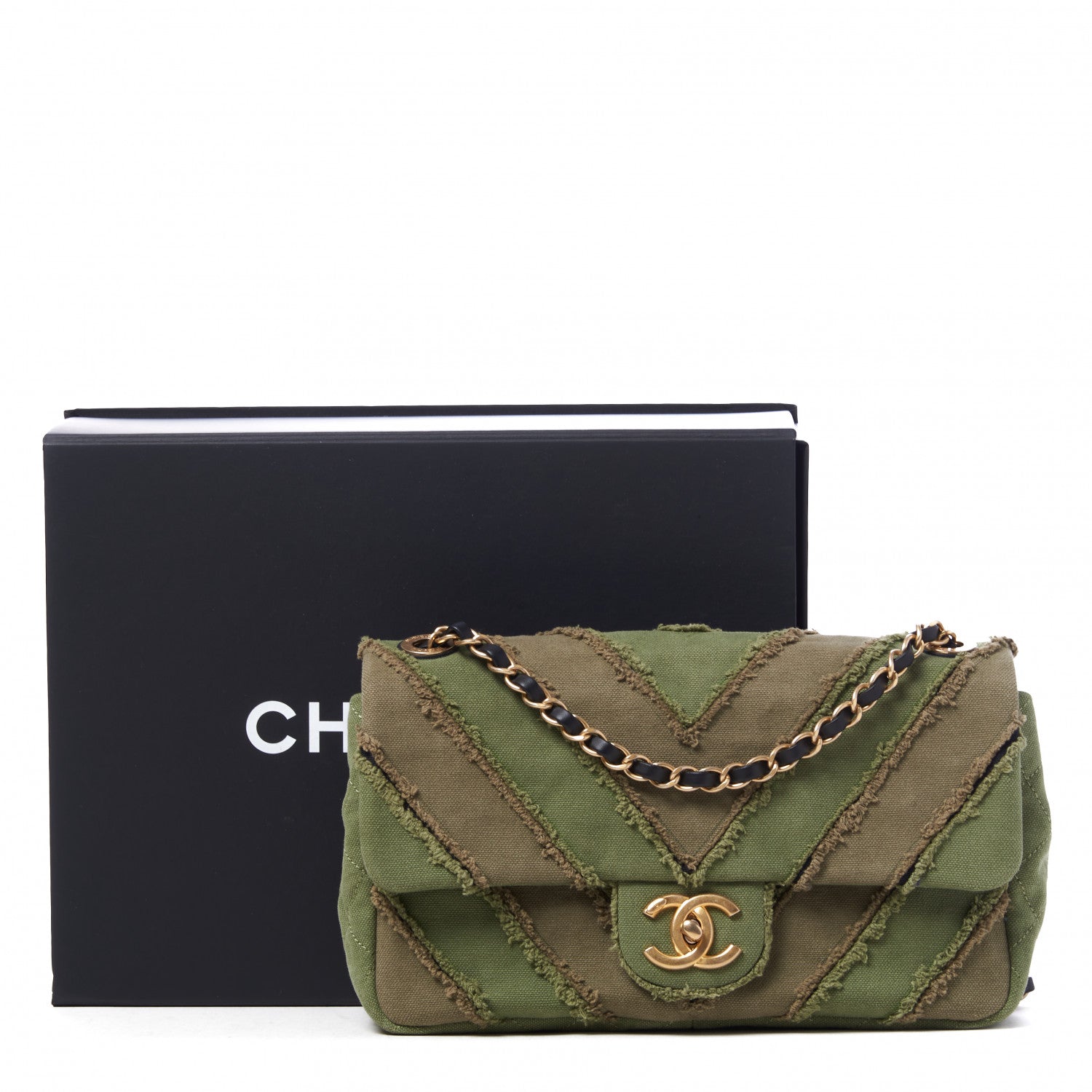 Chanel Canvas Chevron Cuba Patchwork Medium Single Flap Khaki 10 of 10