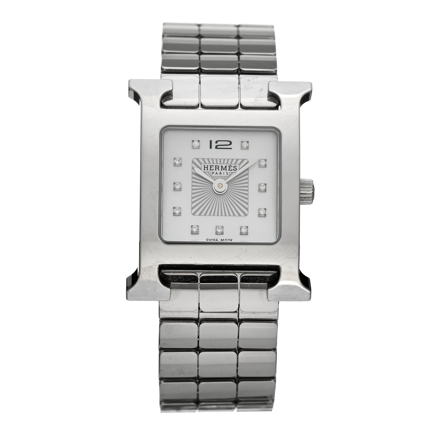 Hermes Stainless Steel Diamond Mother of Pearl 21mm Heure H Hour Quartz Watch 1 of 5