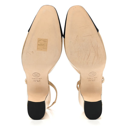Chanel Goatskin Grosgrain Cap Toe CC Slingback Pumps 37.5 Beige Black 4 of 9