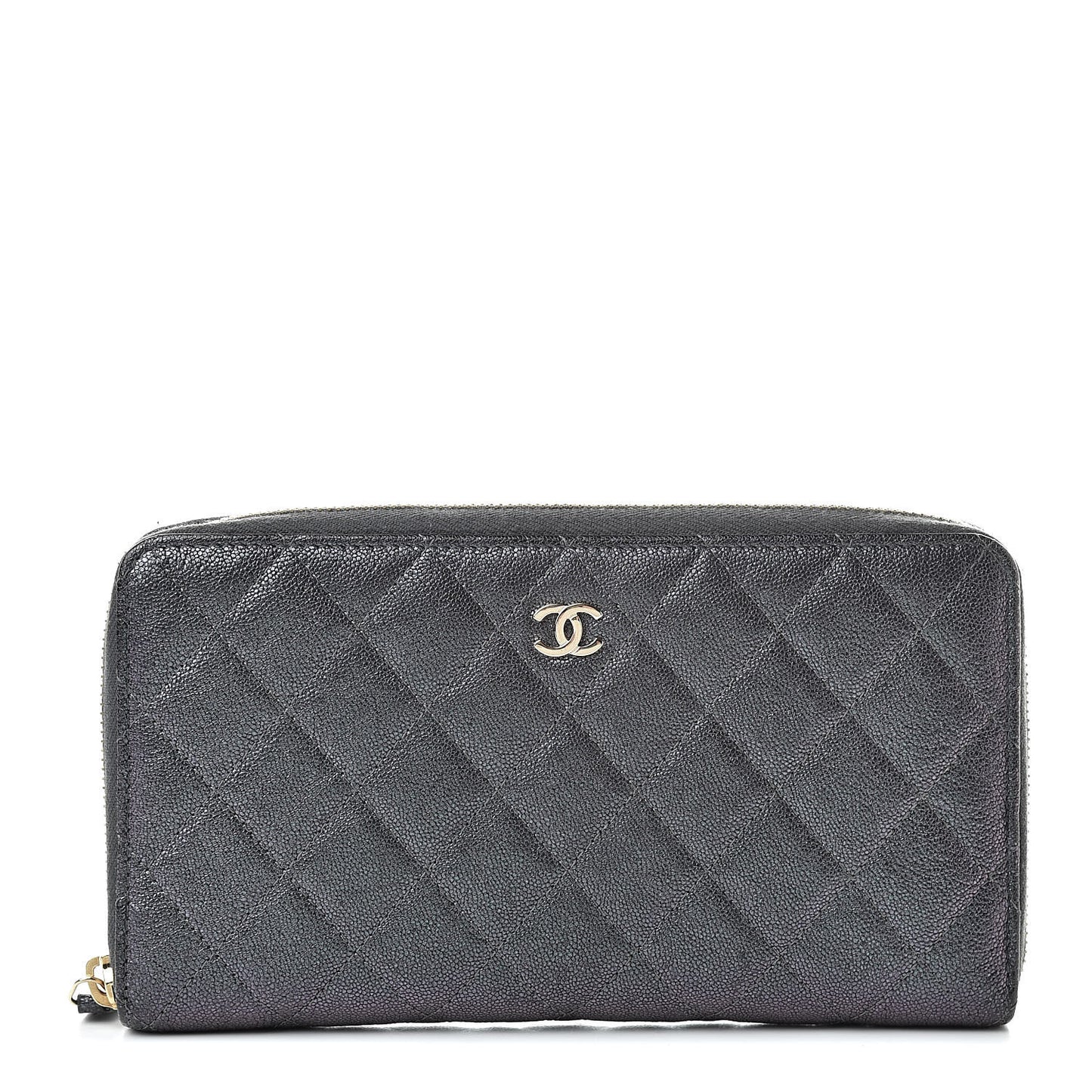 Iridescent Caviar Quilted Large Zip Around Organizer Wallet Black