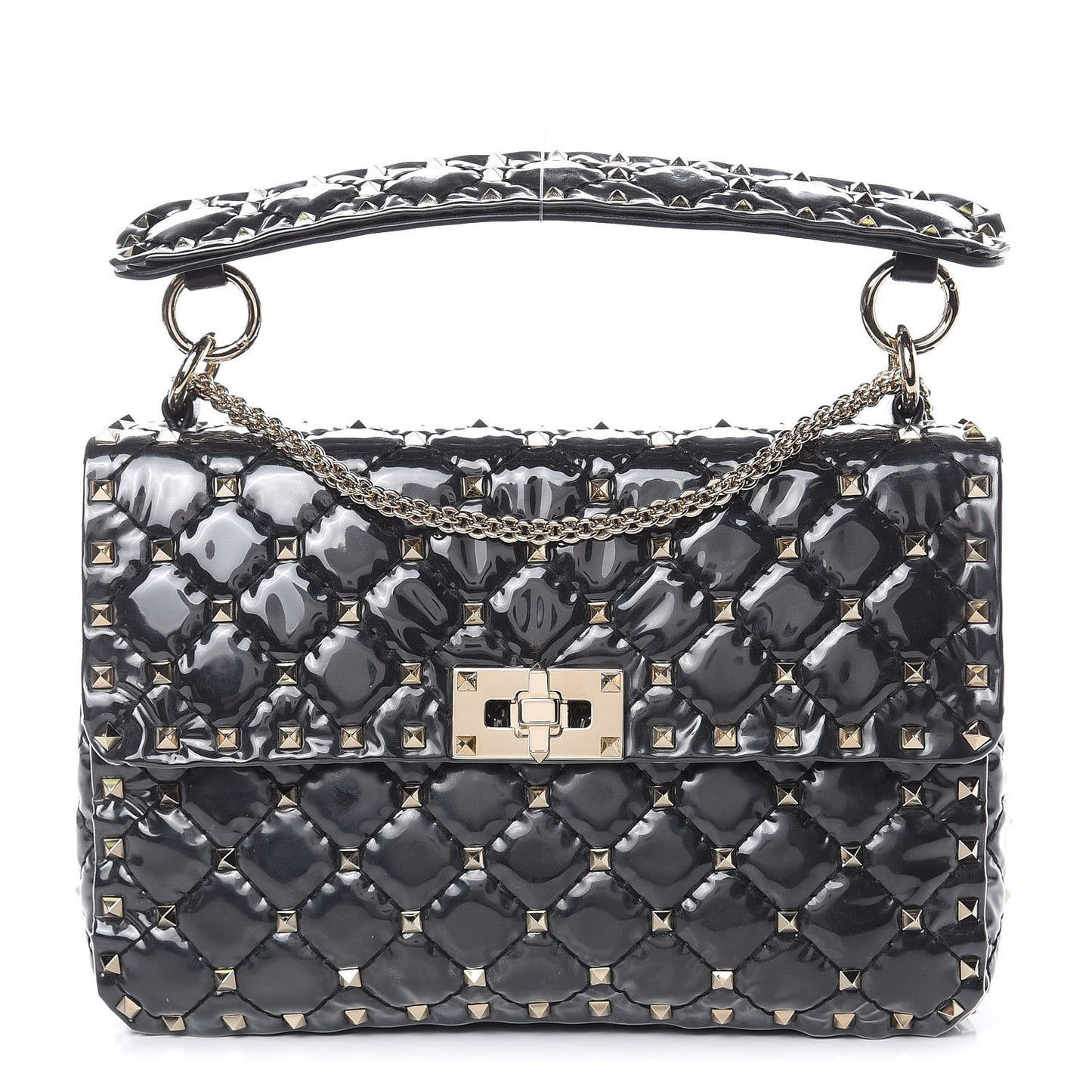 Patent Medium Rockstud Spike Shoulder Bag Black