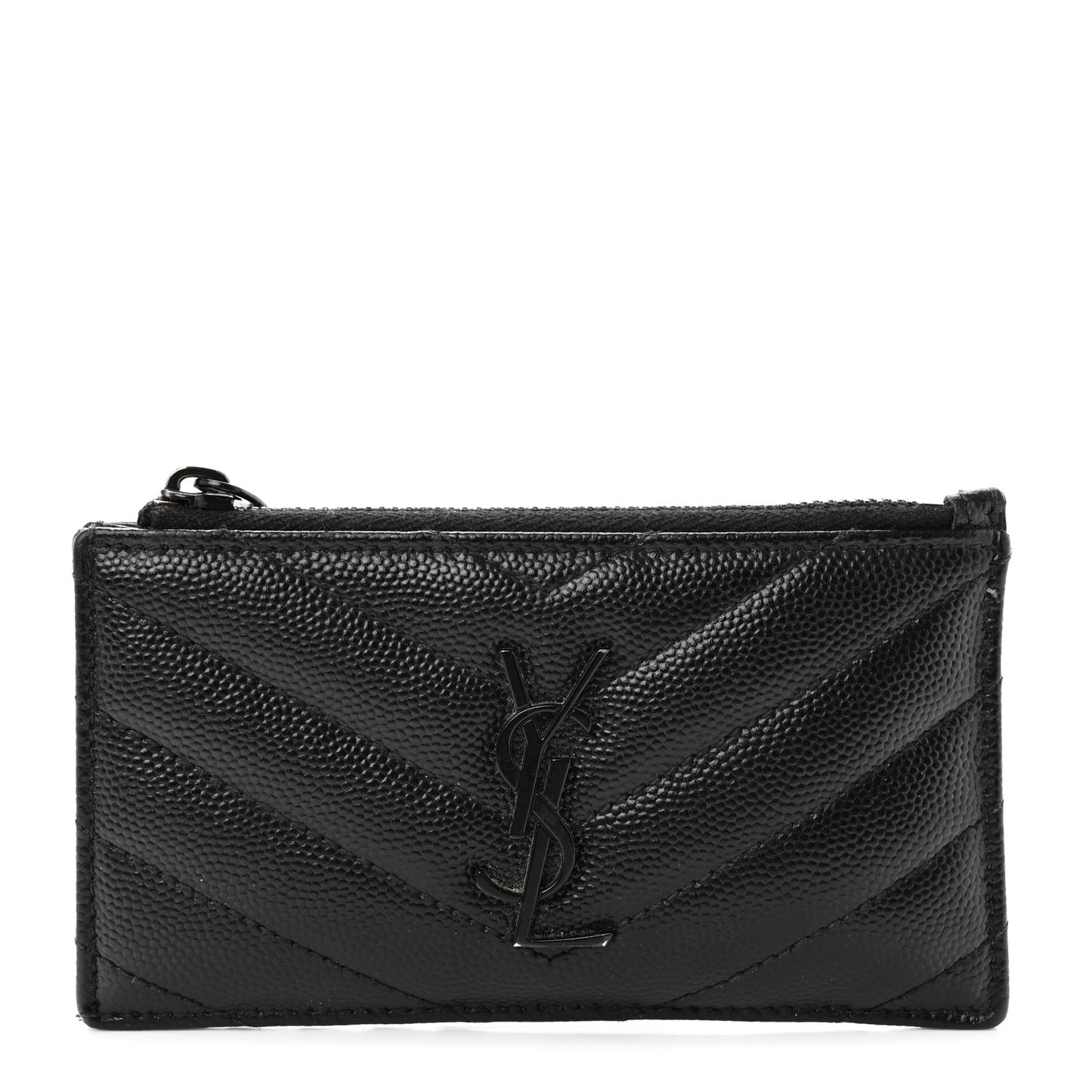 SAINT LAURENT Grain De Poudre Matelasse Chevron Monogram Fragments Zippered Card Case Black