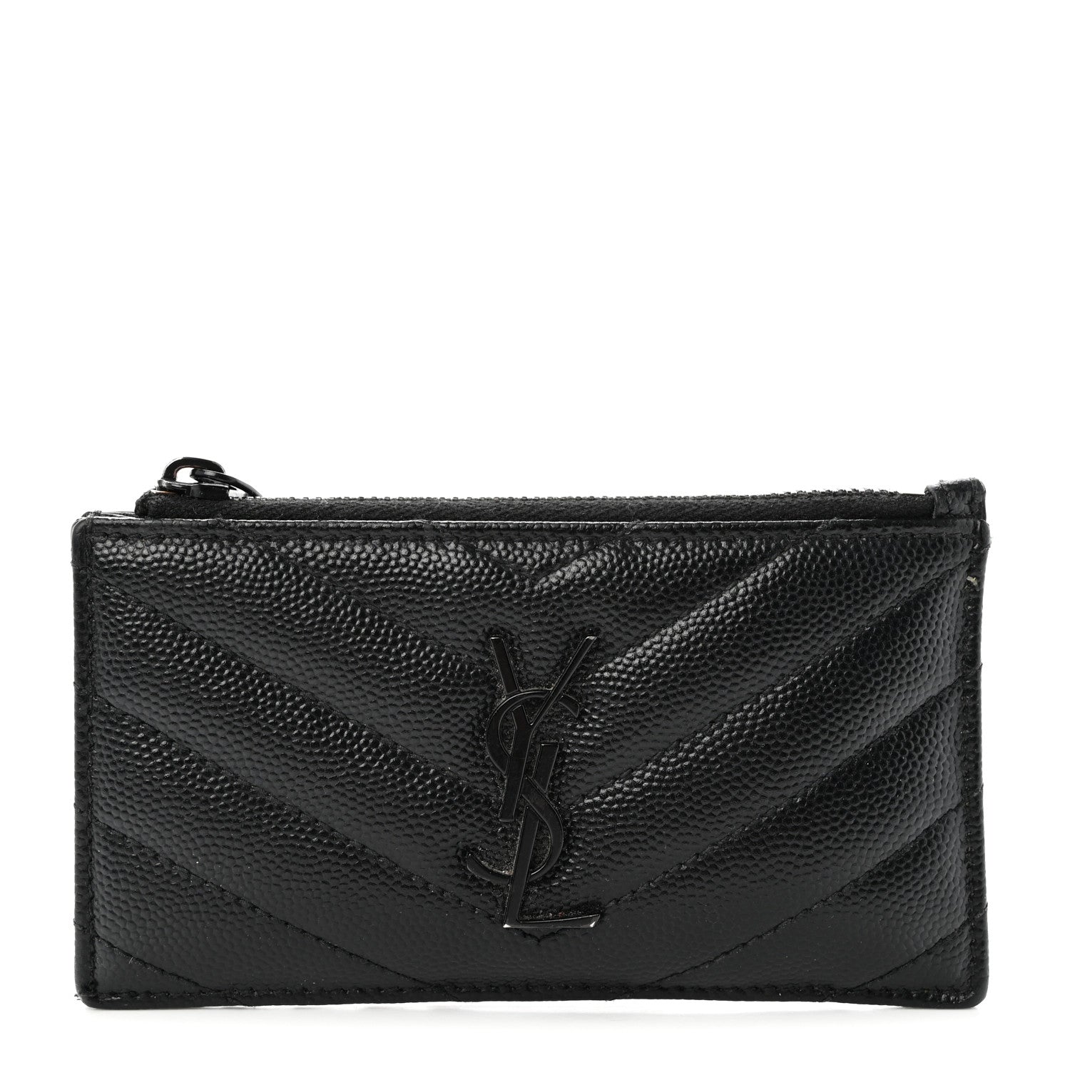 Saint Laurent SAINT LAURENT Grain De Poudre Matelasse Chevron Monogram Fragments Zippered Card Case Black 1 of 16