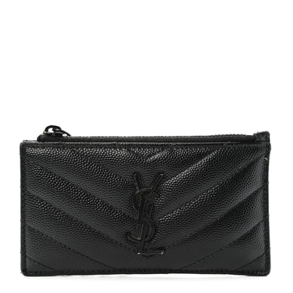 Saint Laurent SAINT LAURENT Grain De Poudre Matelasse Chevron Monogram Fragments Zippered Card Case Black 1 of 16