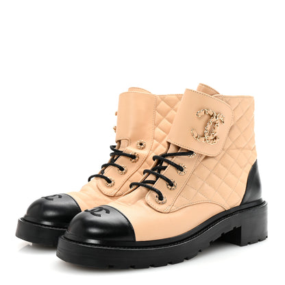 Chanel Lambskin Calfskin Quilted Lace Up Combat Boots 41 Beige Black 4 of 9