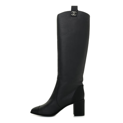Chanel Calfskin Grosgrain Cap Toe Knee High Boots 40 Black 1 of 8