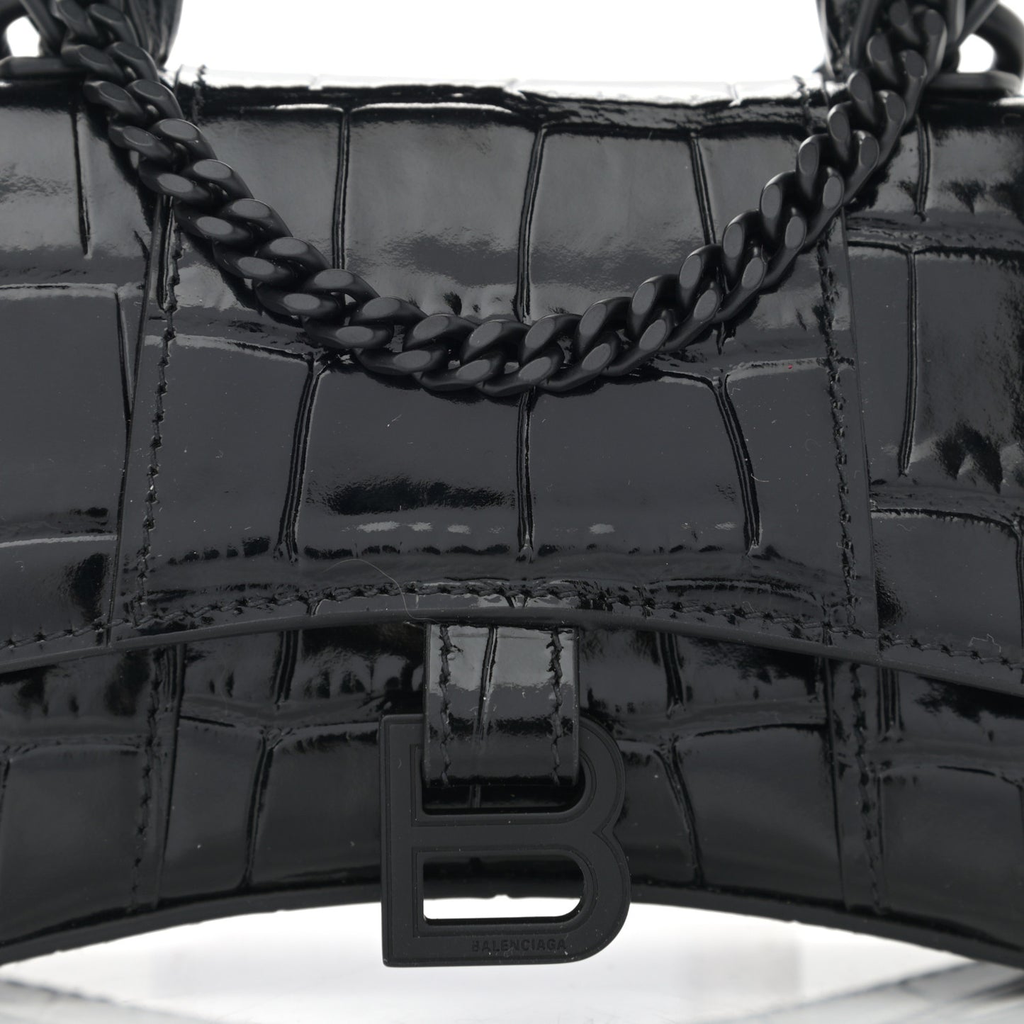 Shiny Calfskin Monochrome Crocodile Embossed Hourglass Top Handle Bag Mini with Chain Black