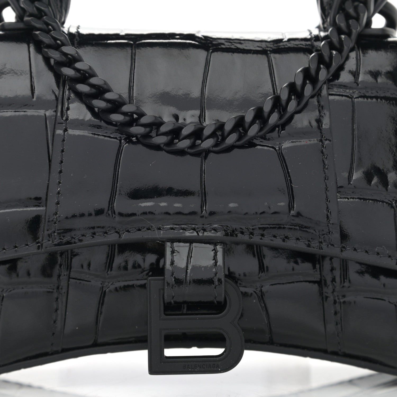 Balenciaga Shiny Calfskin Monochrome Crocodile Embossed Hourglass Top Handle Bag Mini with Chain Black 8 of 10