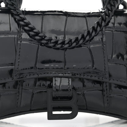 Balenciaga Shiny Calfskin Monochrome Crocodile Embossed Hourglass Top Handle Bag Mini with Chain Black 8 of 10