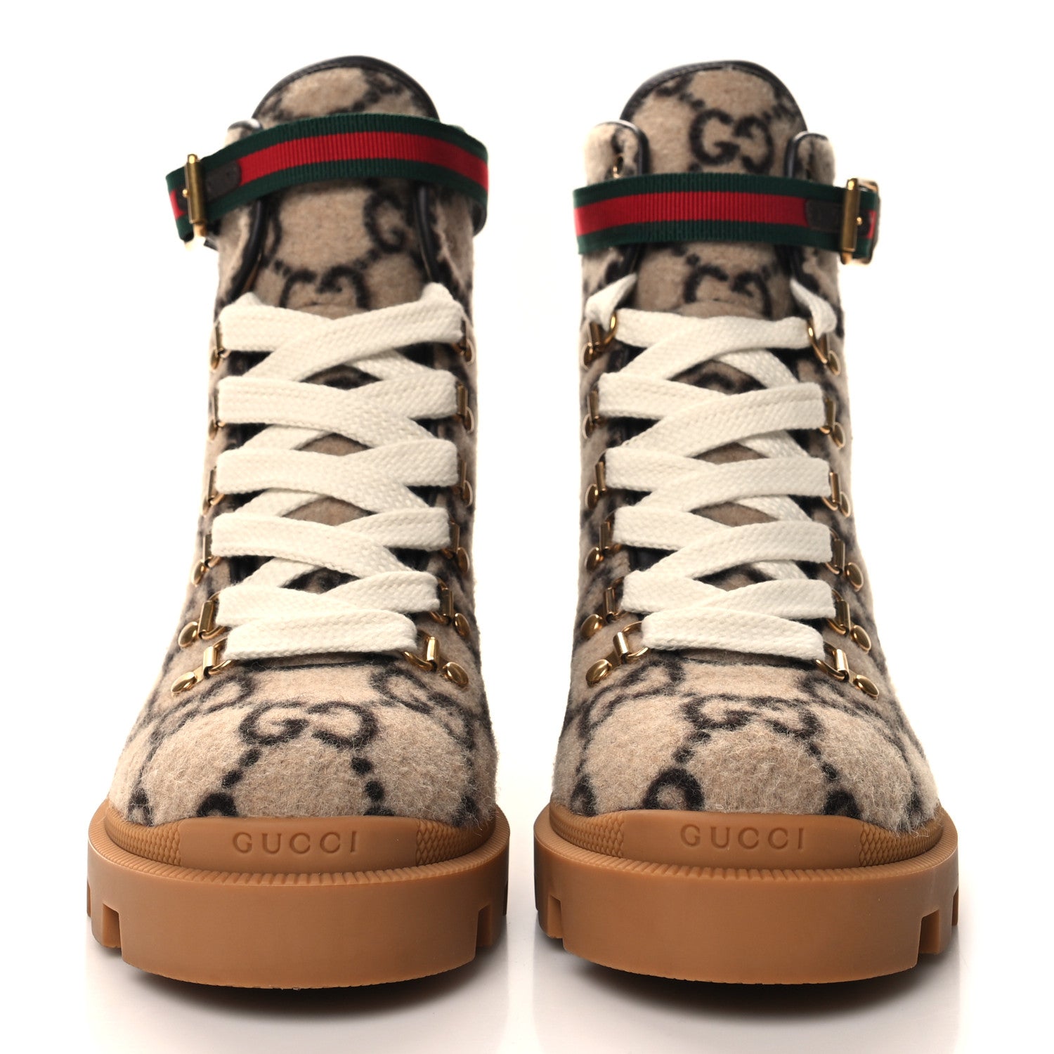 Gucci Covered Wool Big GG Monogram Womens Lace Up Combat Ankle Boots 39 Beige Ebony Cocoa 2 of 9