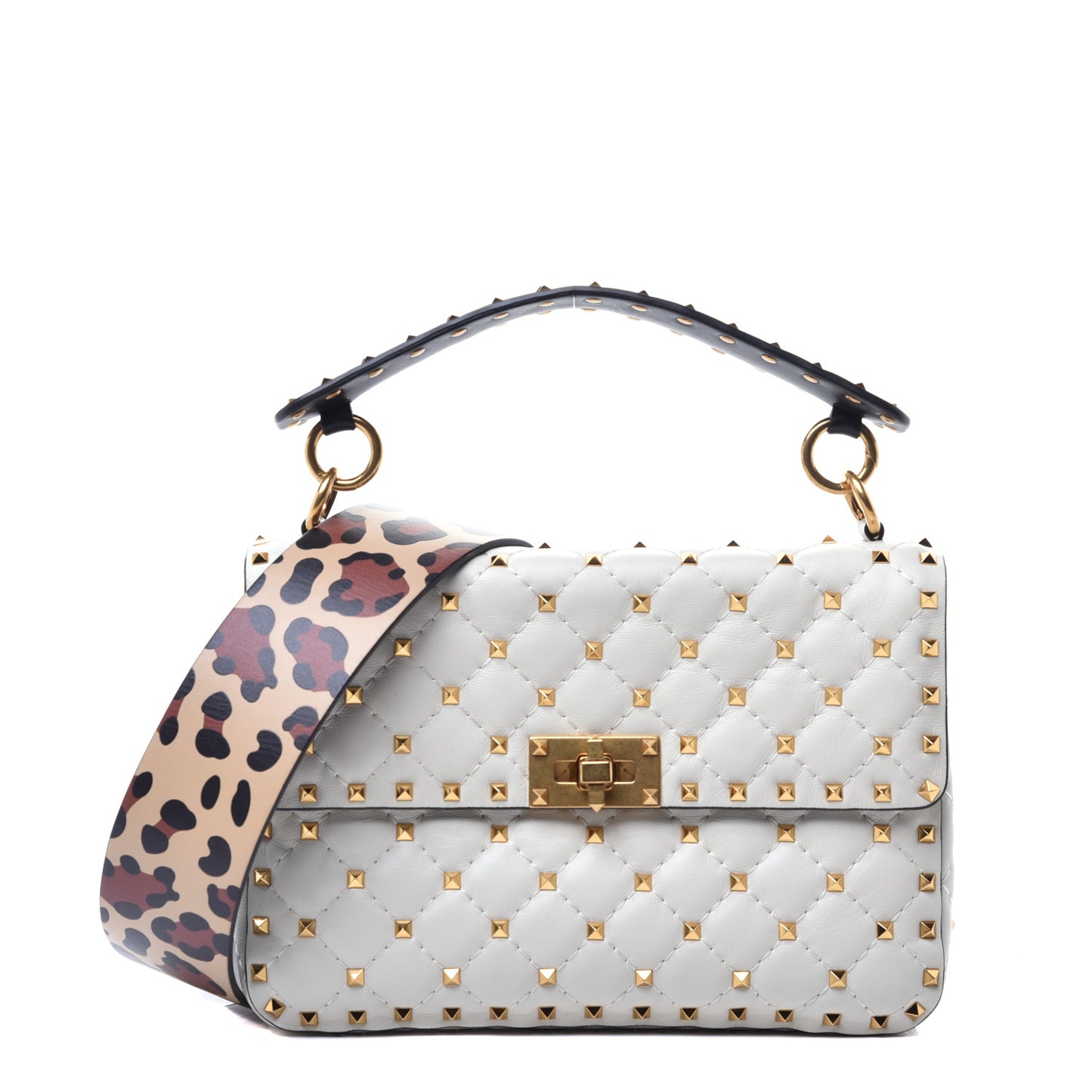 Lambskin Leopard Print Medium Rockstud Spike Shoulder Bag Ivory