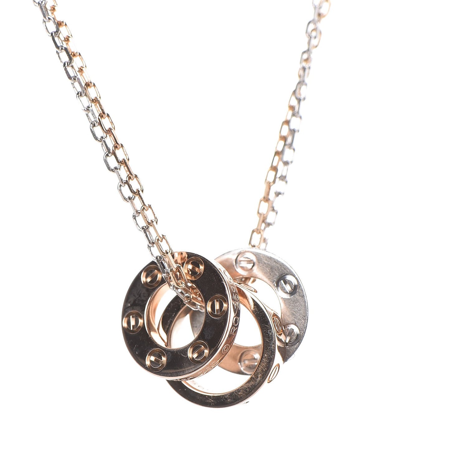 18K White Pink Gold Diamond Three Ring LOVE Pendant Necklace