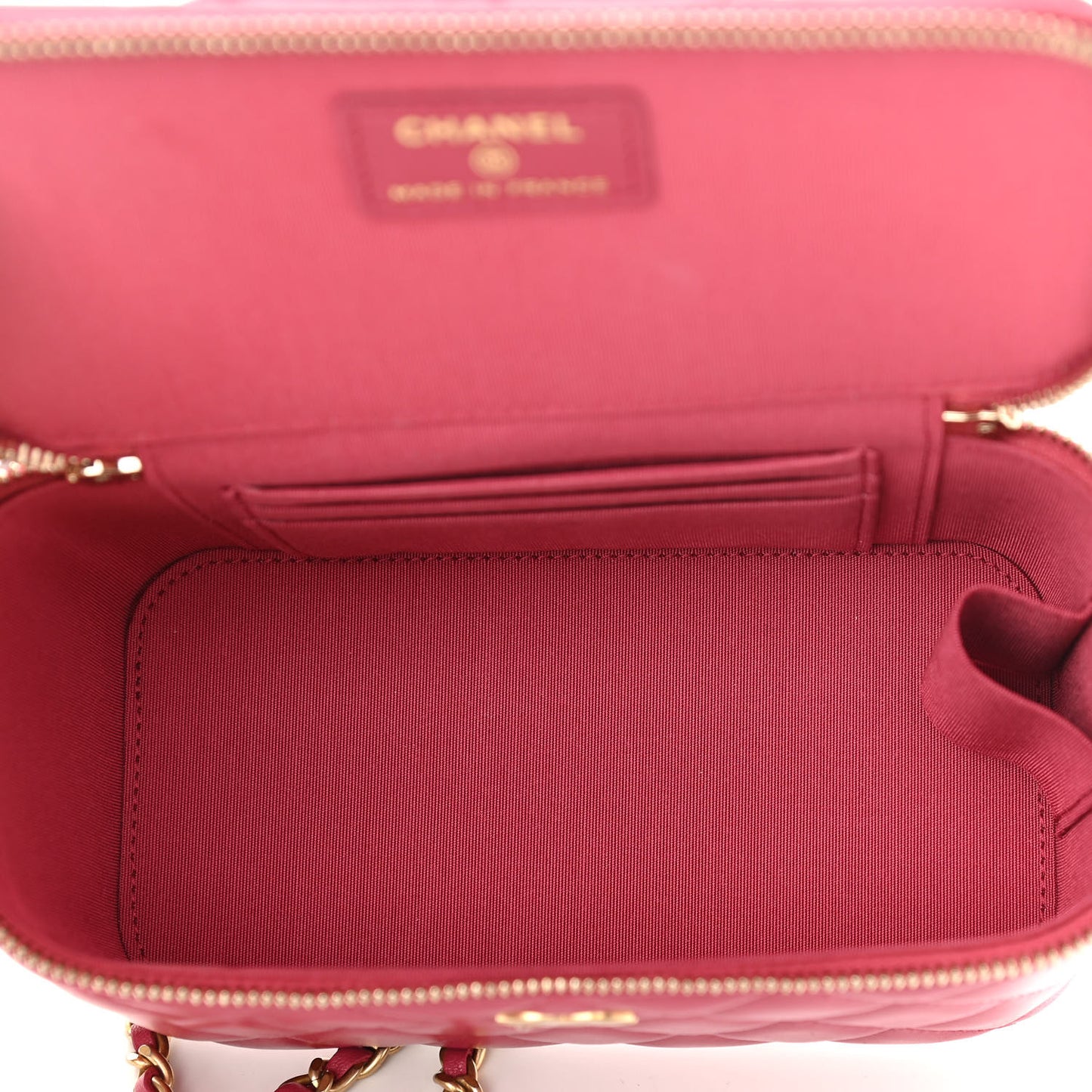 Lambskin Quilted Small Top Handle Vanity Case With Chain Dark Pink