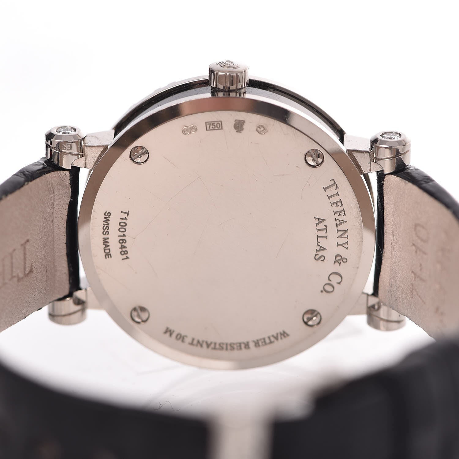Tiffany 18K White Gold Alligator Diamond 30mm Atlas Quartz Watch Black 6 of 8