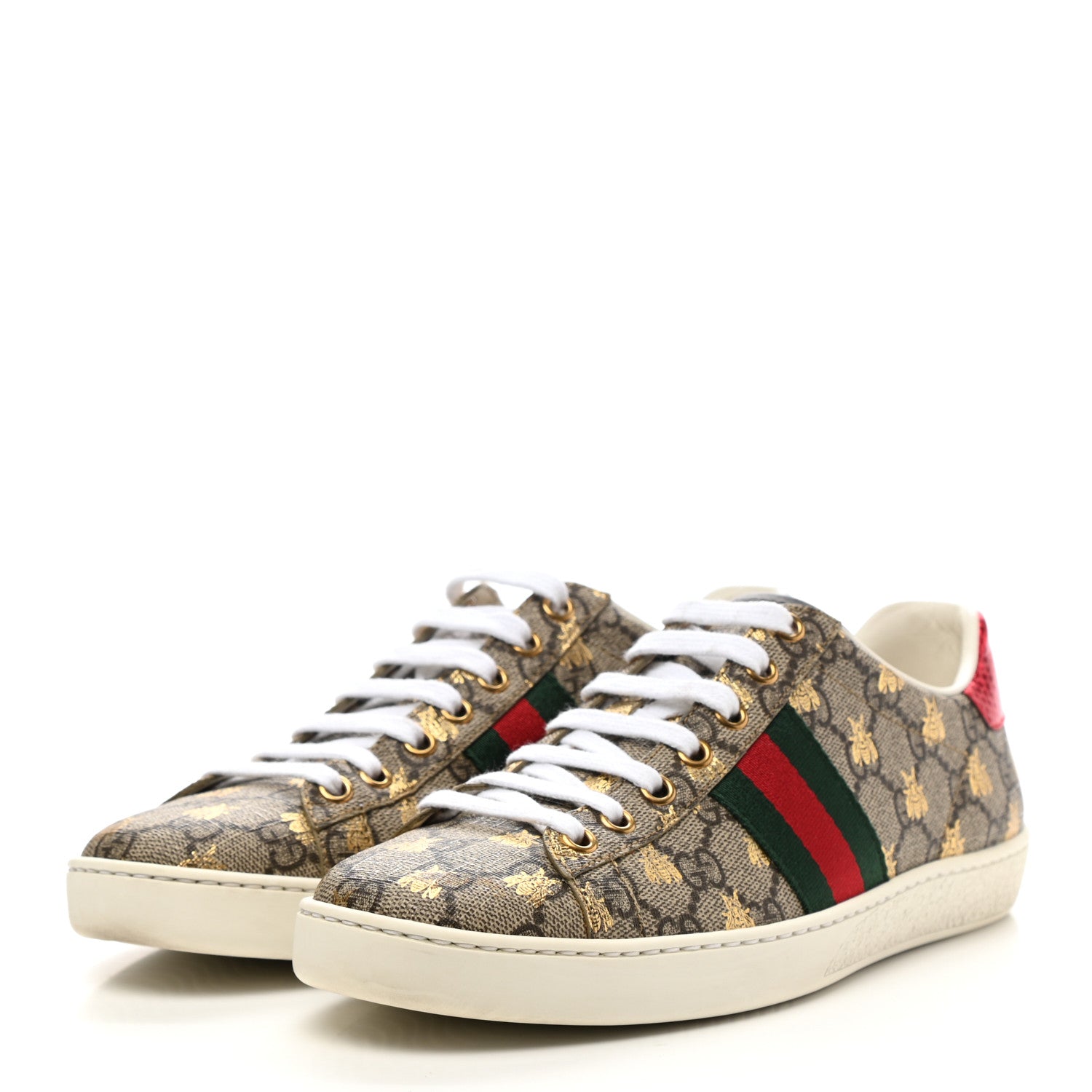 Gucci GG Supreme Monogram Bees Ayers Web Womens Ace Sneakers 42 Beige Oro Green Red 3 of 13