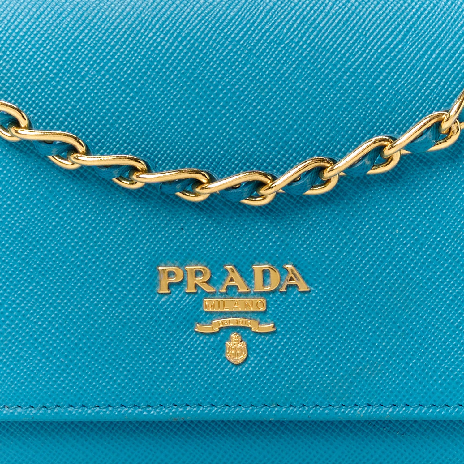 Prada Saffiano Metal Oro Chain Wallet Celeste 9 of 12