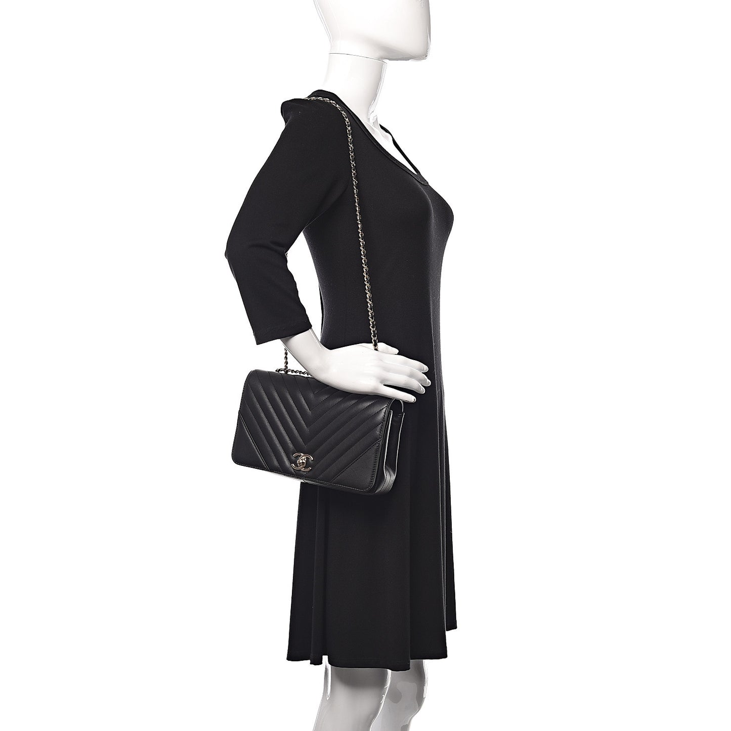 Calfskin Chevron Quilted Statement Flap Black