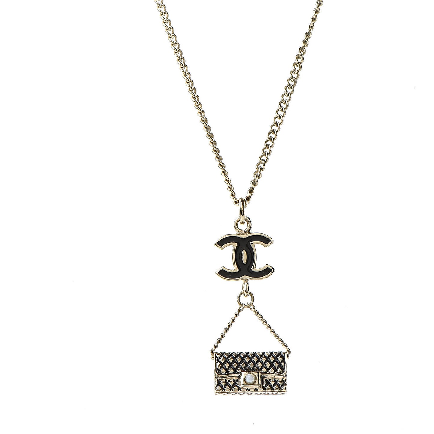 Enamel Pearl CC Bag Drop Necklace Black Gold