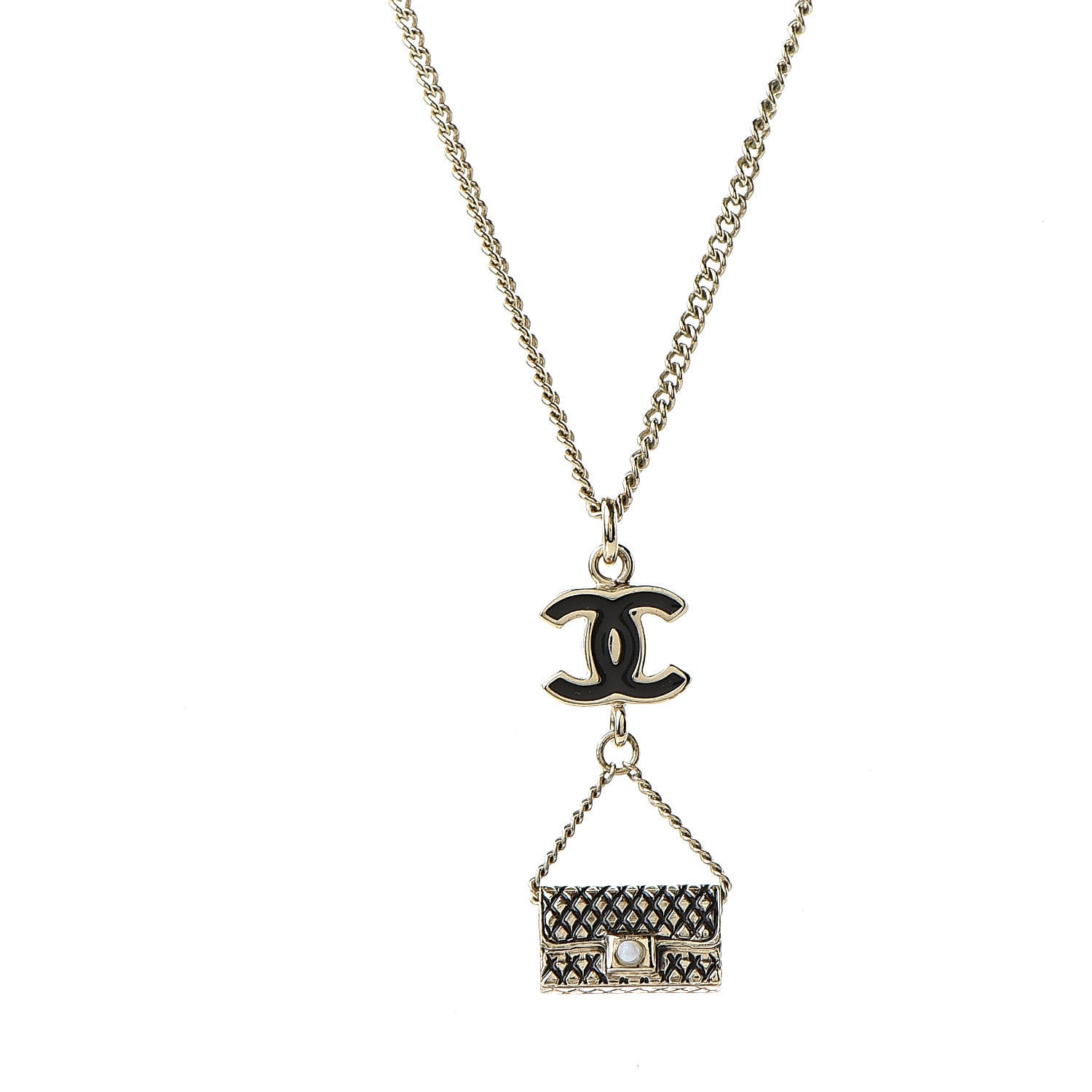 Chanel Enamel Pearl CC Bag Drop Necklace Black Gold 5 of 6