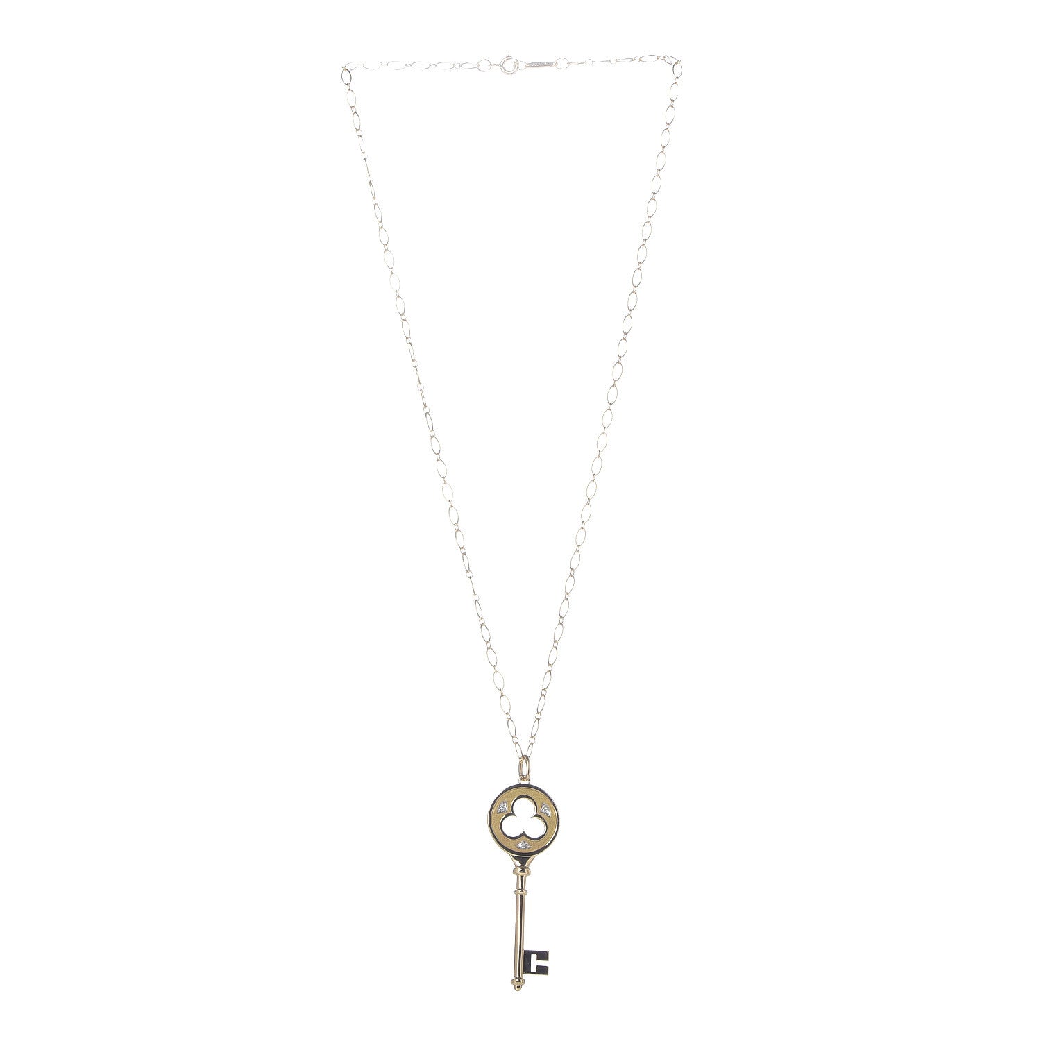 Tiffany 18K Yellow Gold Diamond Clover Key Pendant Necklace 3 of 7