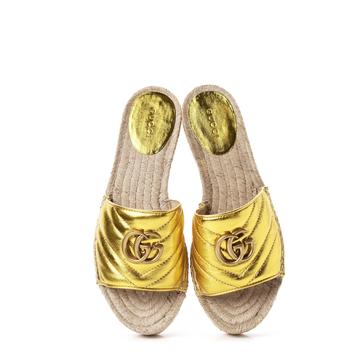 Metallic Nappa Matelasse GG Marmont Espadrille Slide Sandals 37.5 Oro