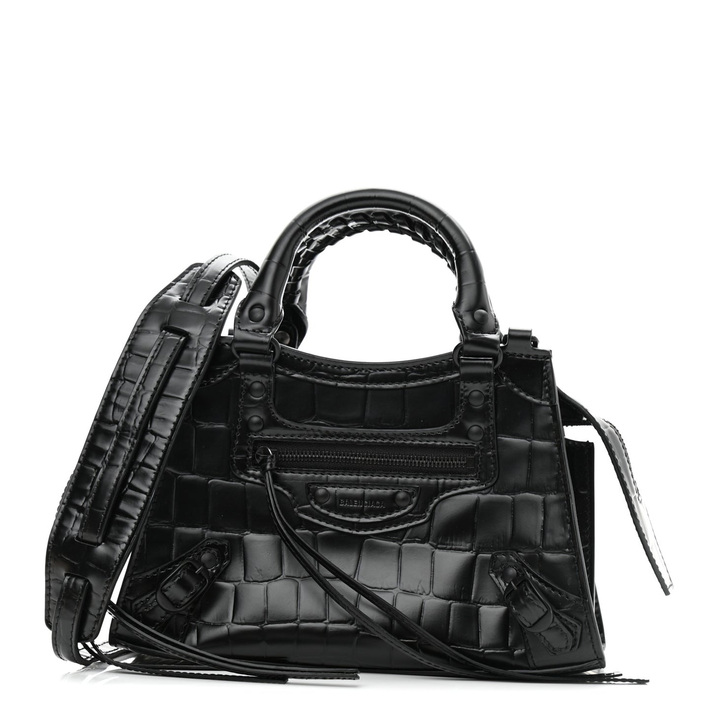 Semi Shiny Calfskin Crocodile Embossed Neo Classic Black Hardware Mini City Black