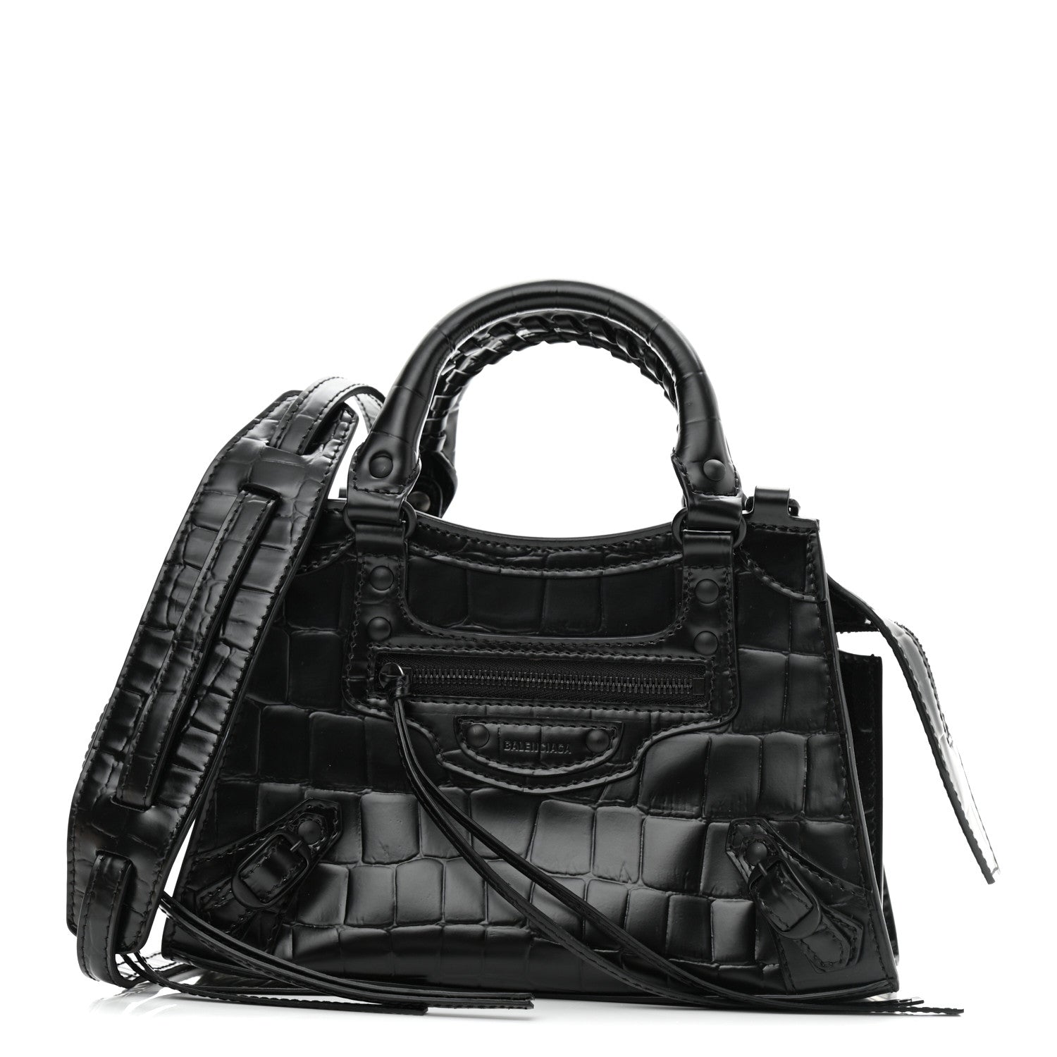 Balenciaga Semi Shiny Calfskin Crocodile Embossed Neo Classic Black Hardware Mini City Black 1 of 10