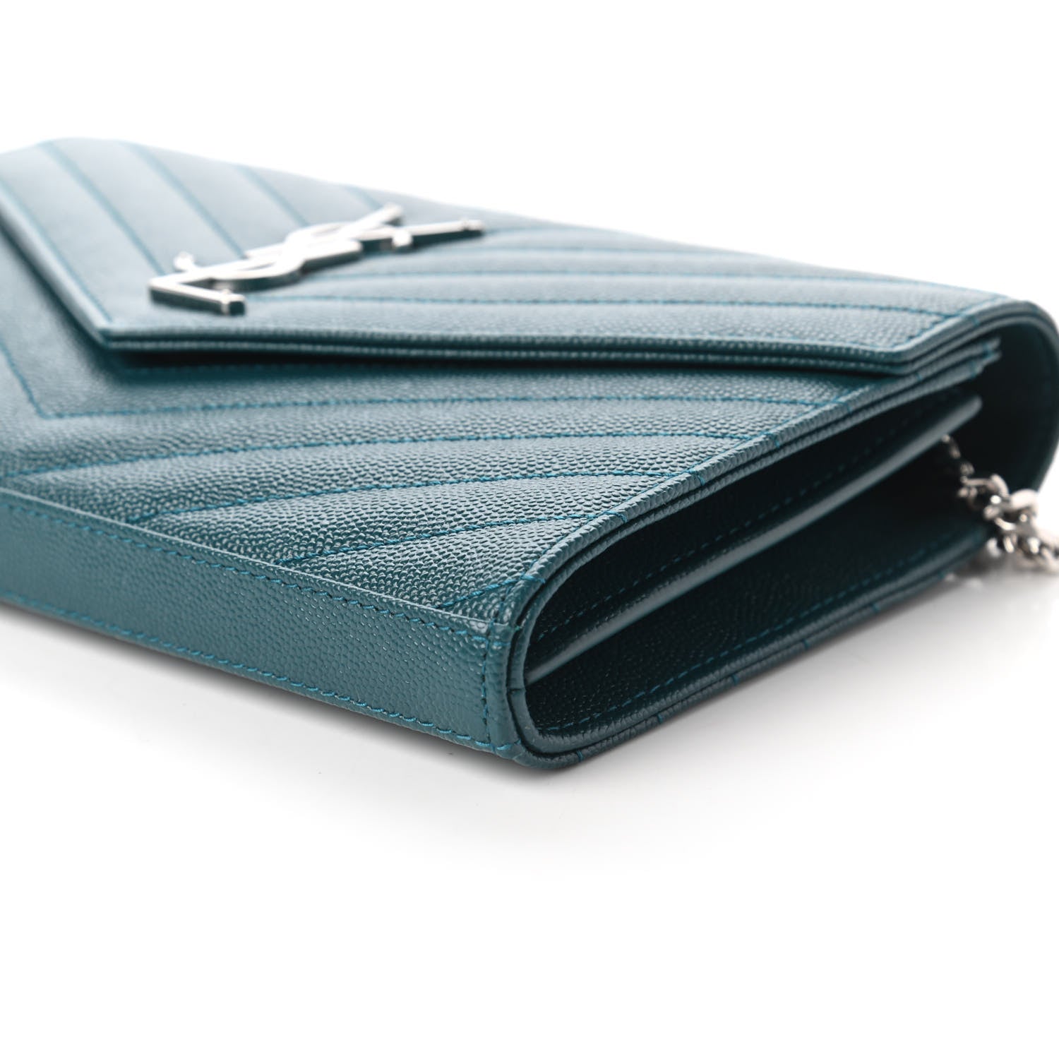 Saint Laurent Grain De Poudre Matelasse Chevron Monogram Chain Wallet Petrol Green 7 of 11