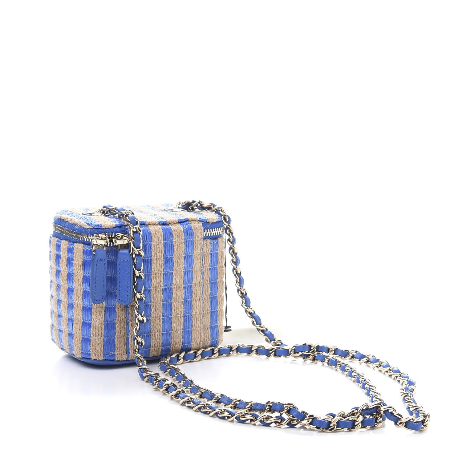 Chanel Raffia Jute Striped Mini Vanity Case With Chain Blue Beige 4 of 12