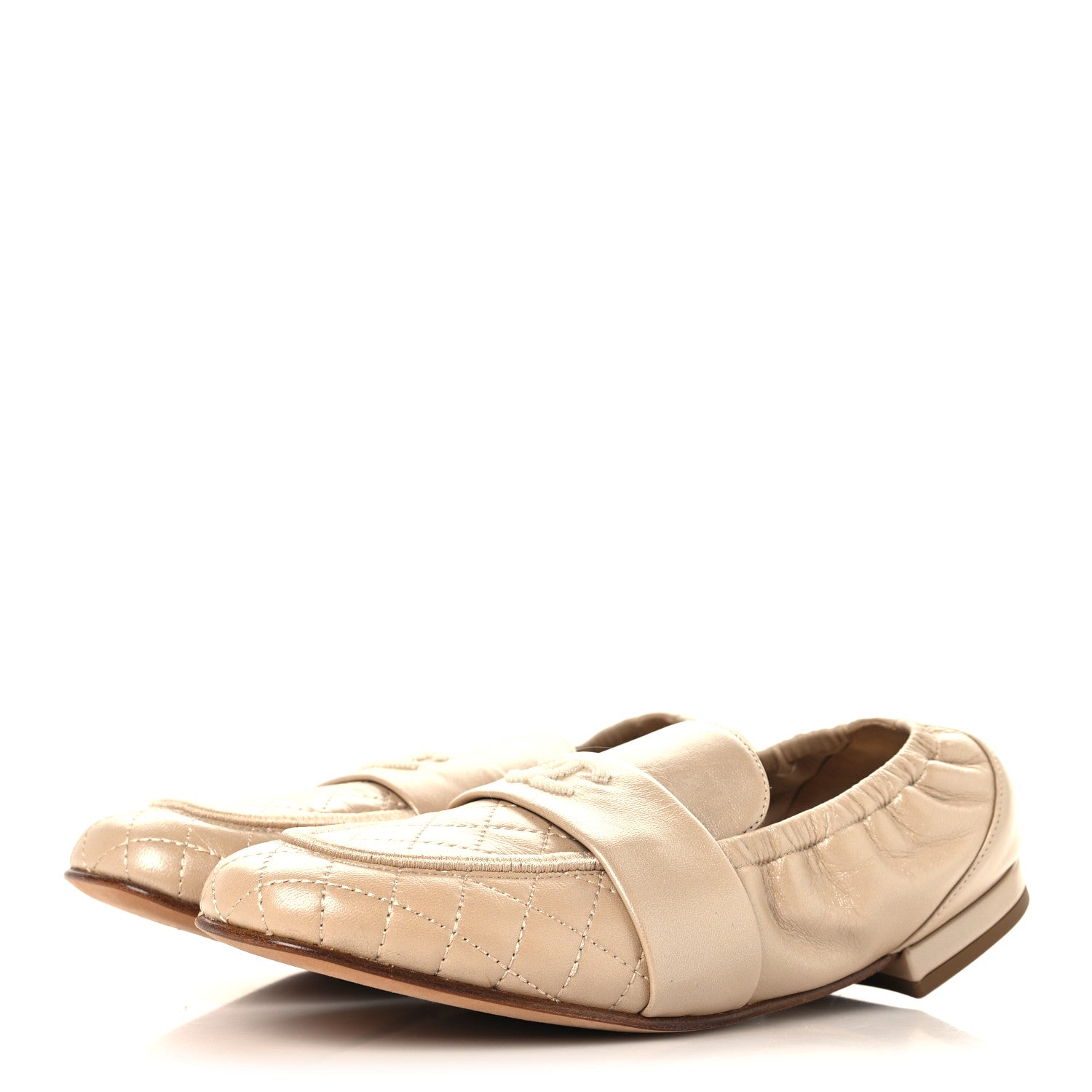 Chanel Laminated Lambskin Womens Quilted Elastic CC Moccasin Loafers 37.5 Beige 4 of 10