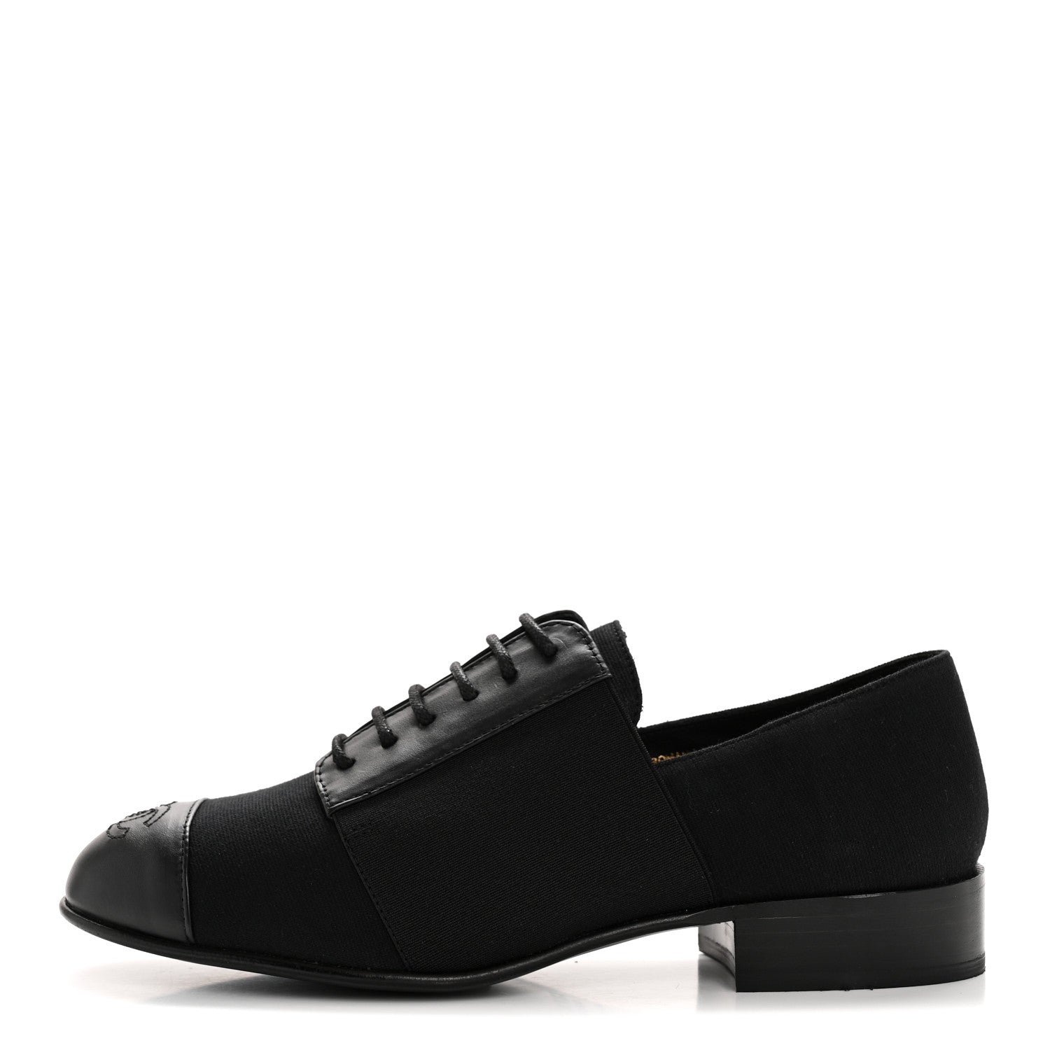 Chanel Calfskin Elastic Lace Up Cap Toe CC Loafers 35.5 Black 1 of 11
