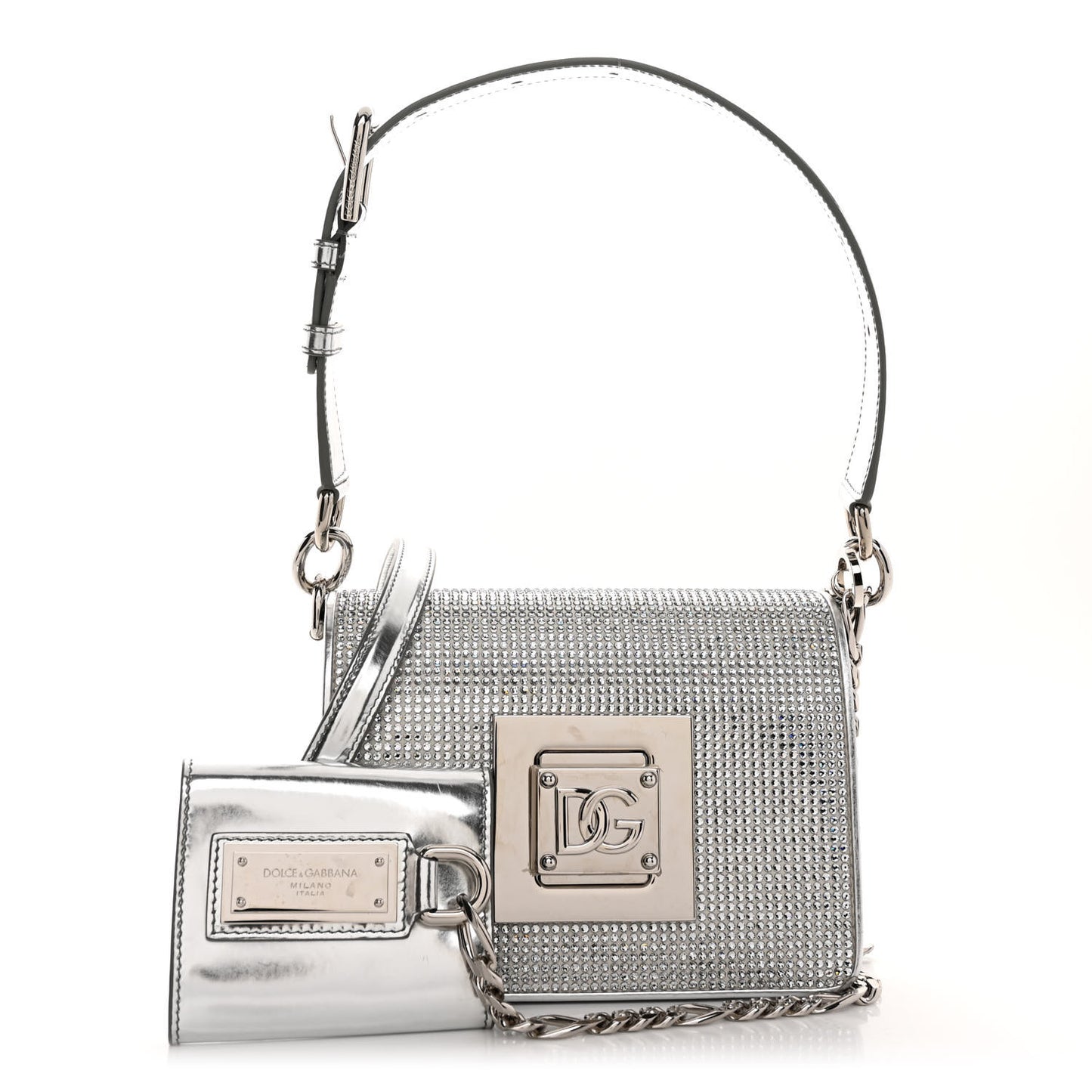 DOLCE GABBANA Metallic Calfskin Crystal Embellished Small Bella Cubo DG Chain Flap Bag With Cuff Silver