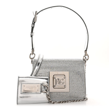 Dolce & Gabbana DOLCE GABBANA Metallic Calfskin Crystal Embellished Small Bella Cubo DG Chain Flap Bag With Cuff Silver 3 of 10
