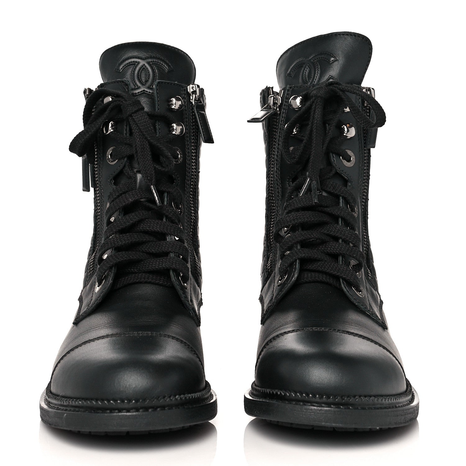 Chanel Calfskin Quilted Lace Up Combat Boots 38.5 Black 3 of 9