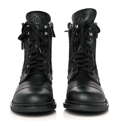 Chanel Calfskin Quilted Lace Up Combat Boots 38.5 Black 3 of 9