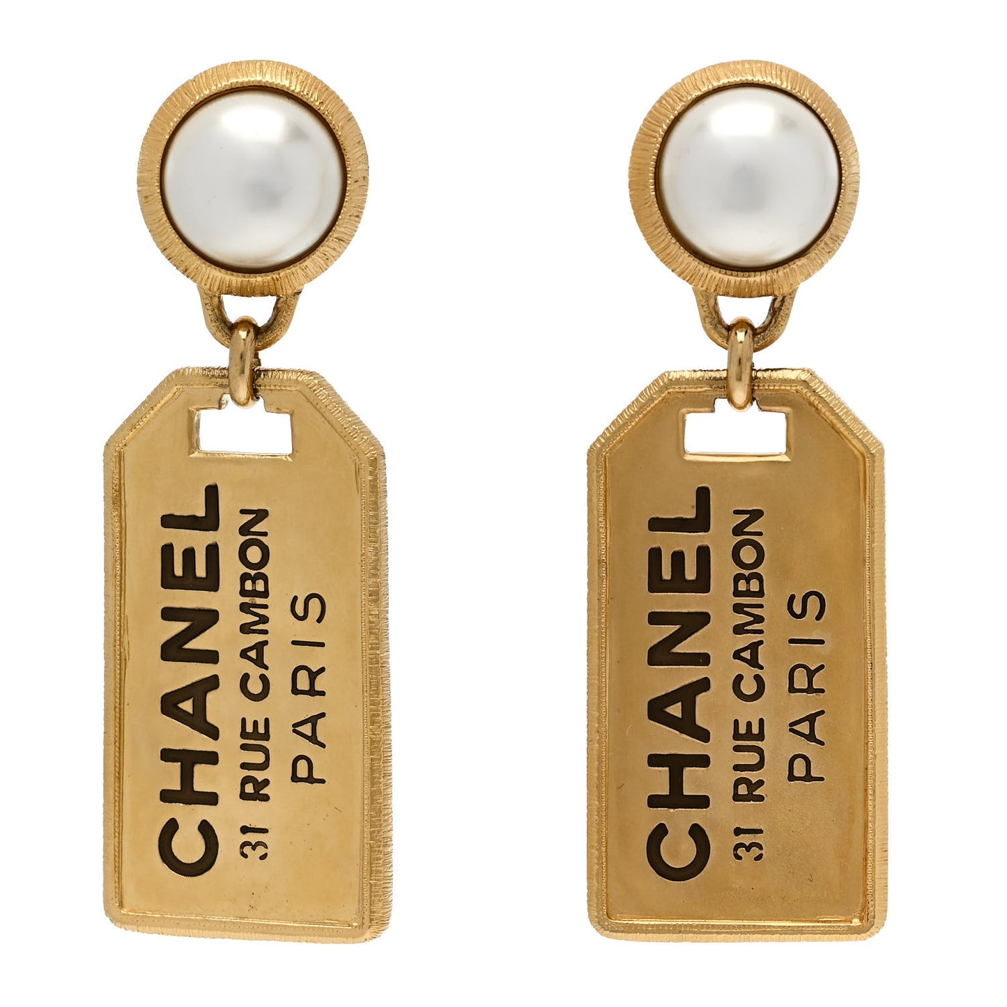 Pearl CC Tags Drop Earrings Gold