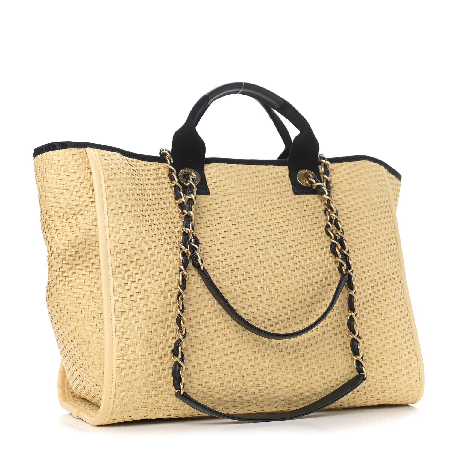 Chanel Straw Raffia Calfskin Chain Medium Deauville Tote Beige Black 5 of 17