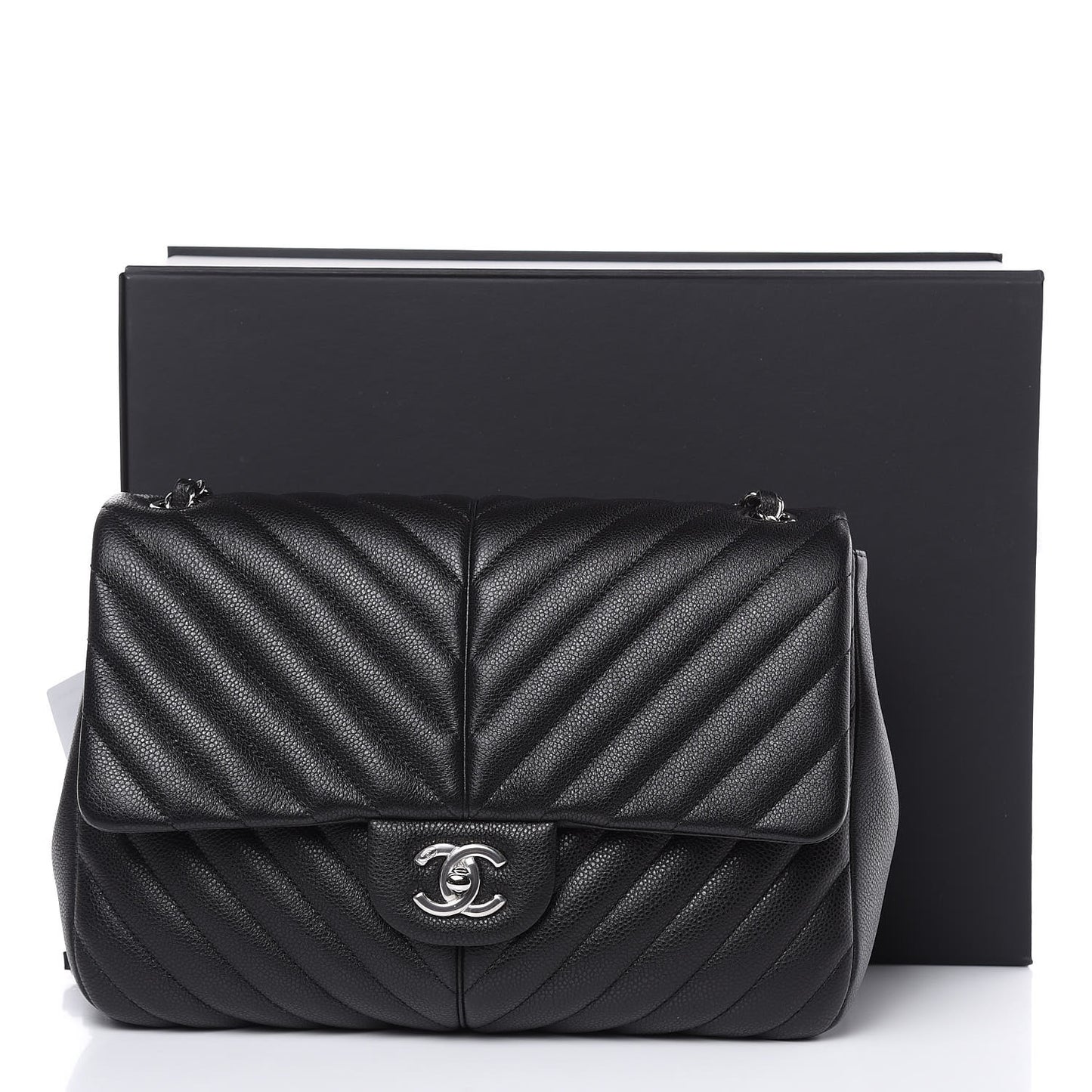 Caviar Chevron Quilted Large Puffy CC Flap Black