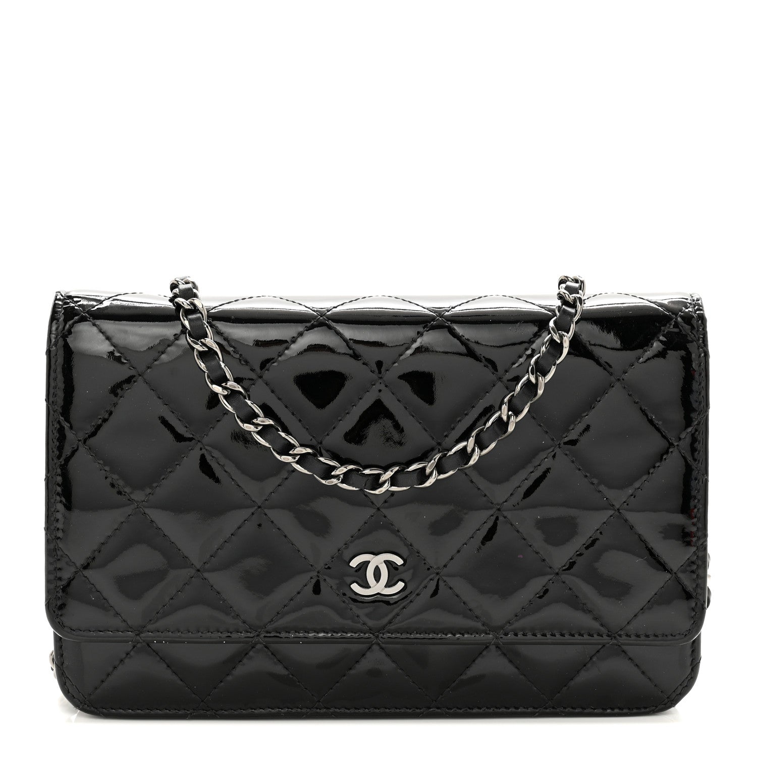 Chanel Patent Quilted Wallet On Chain WOC Black 1 of 15