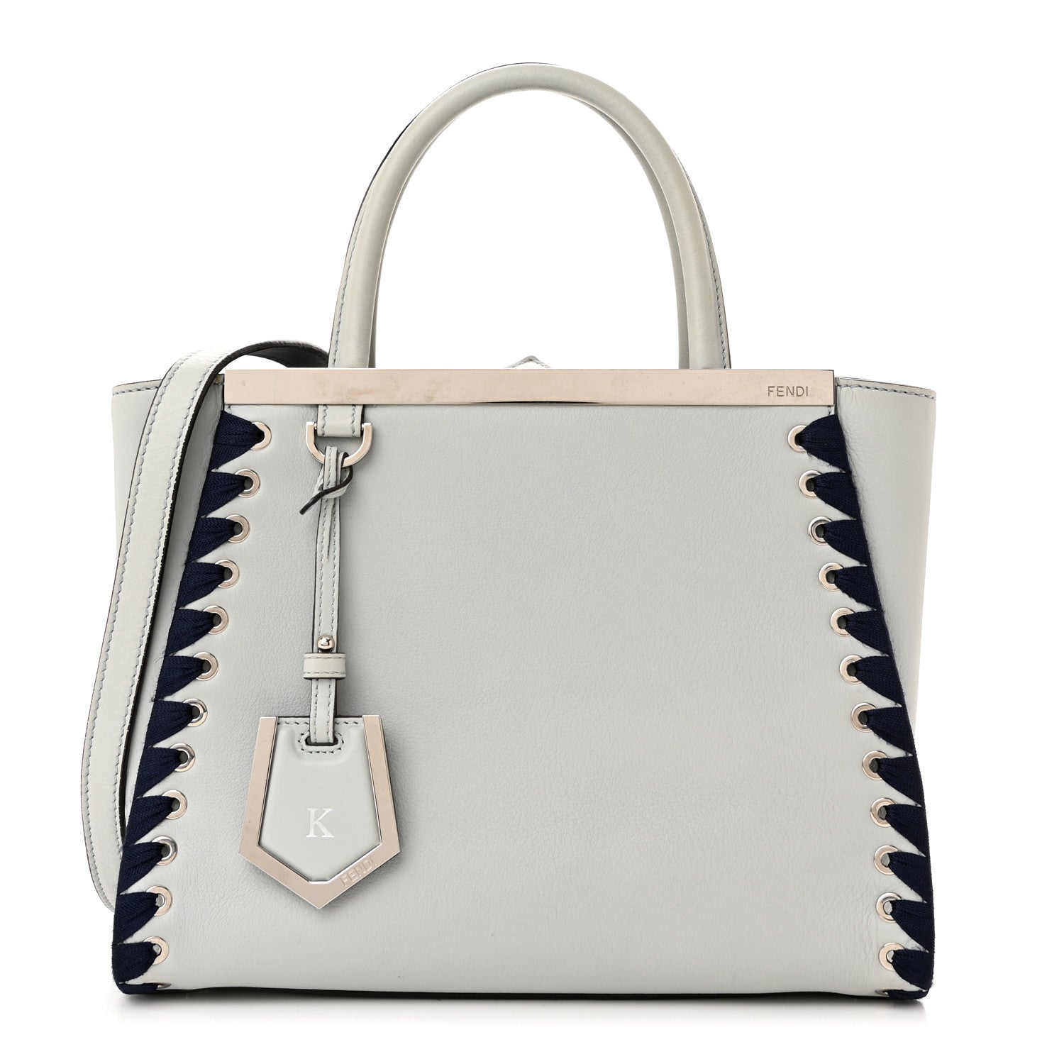 Fendi Vitello Dolce Ribbon Lace Up Petite 2Jours Tote Perla Blueberry 1 of 10
